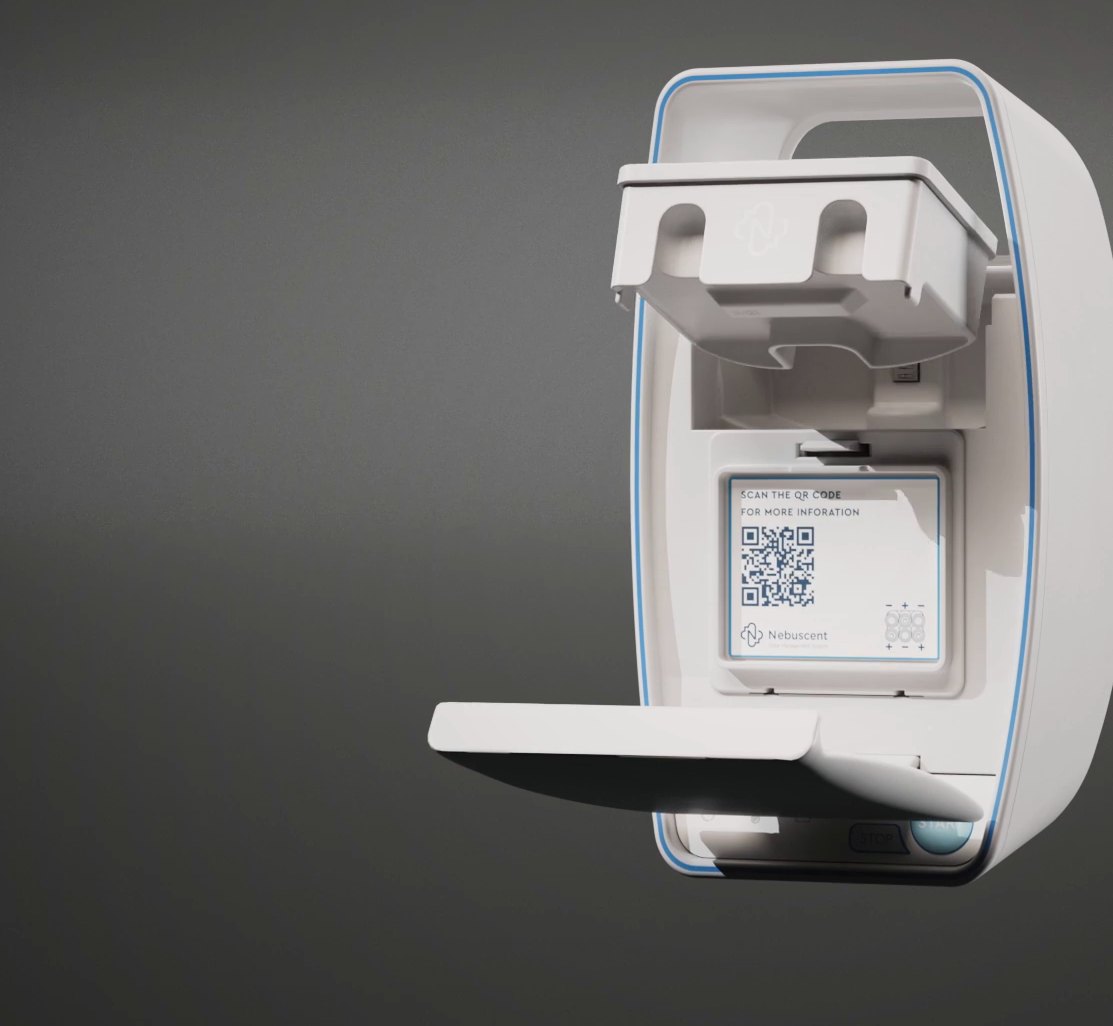 The Nebuscent unit with its front door open, showing the replaceable cartridge seated inside