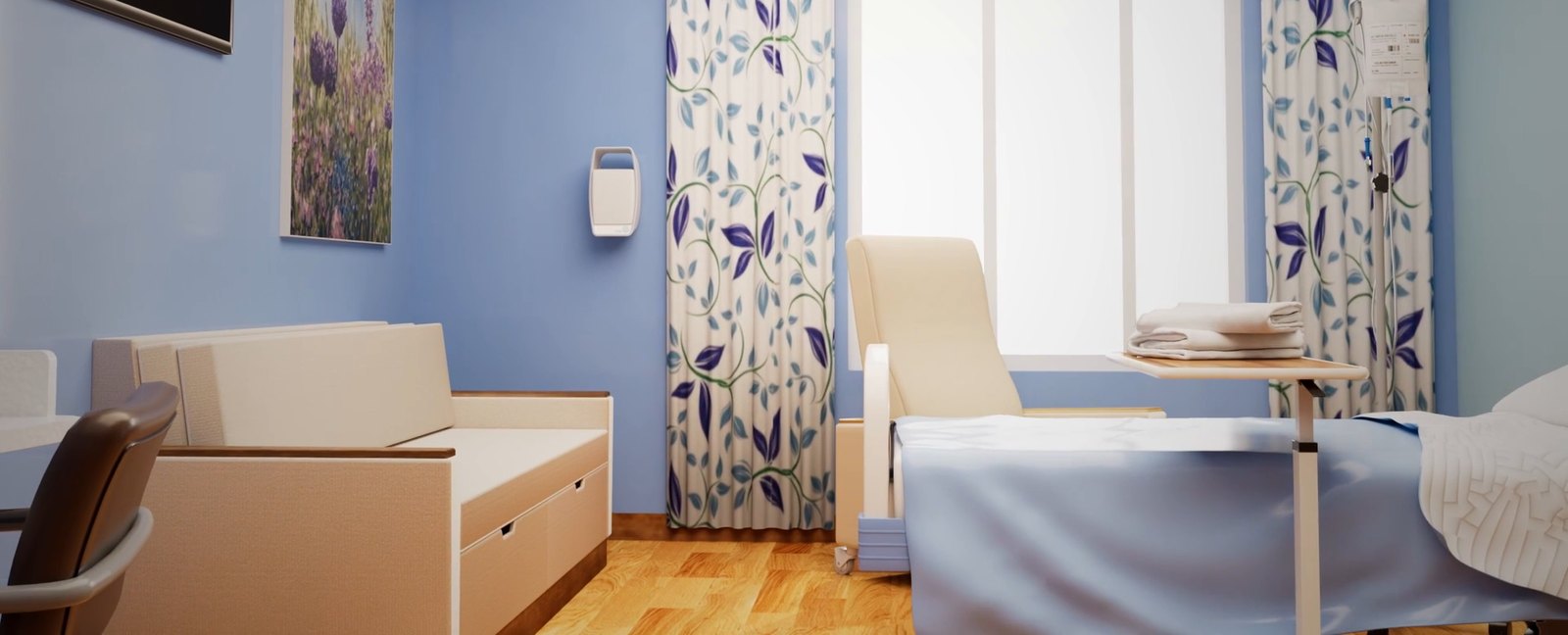 A Nebuscent unit mounted on the wall of a hospital patient room beside the privacy curtain